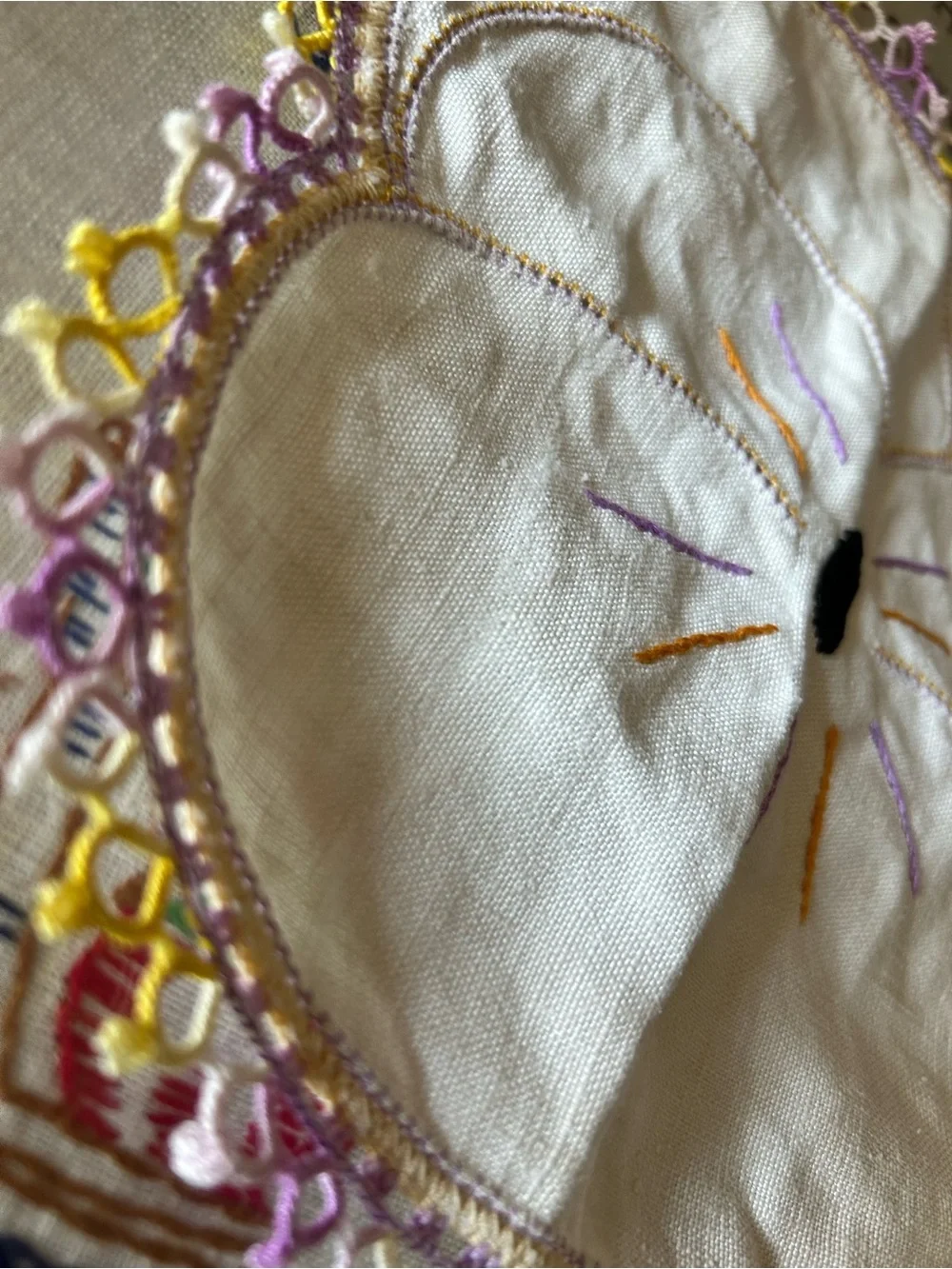 Vintage Hand-Embroidered White Floral Doily with Purple & Yellow Accents cat ?